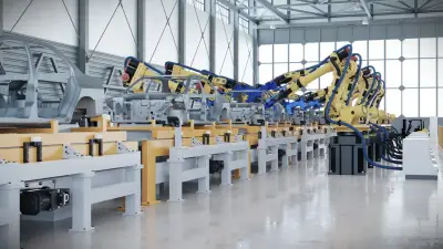 Línea de producción automatizada con brazos robóticos, representando manufactura y operaciones multinacionales en Panamá.